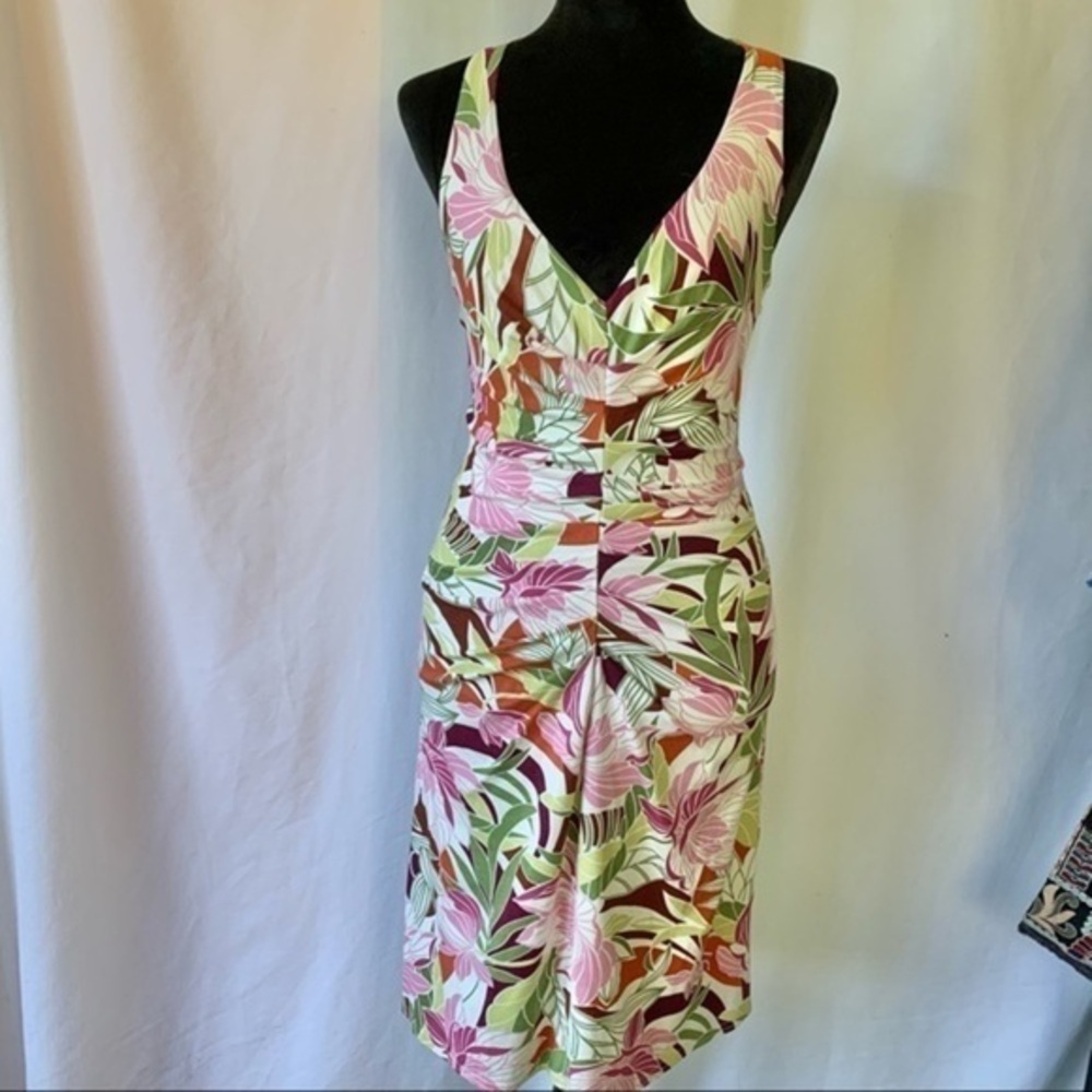 TADASHI Pink Green Hibiscus Floral Halter Dress